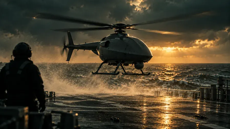 A deck crew member watches a shipborne uncrewed VTOL aircraft
