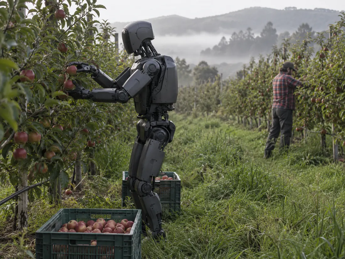 A humanoid robot and a farmer picking fruit in the same orchard rows