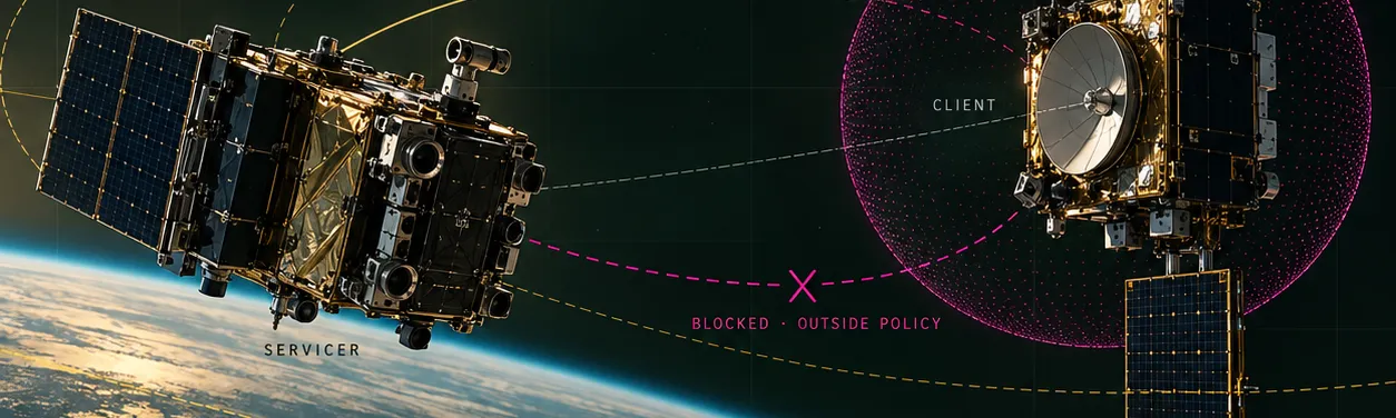Servicer approaching a client satellite: permitted corridor, keep-out sphere, and a blocked approach