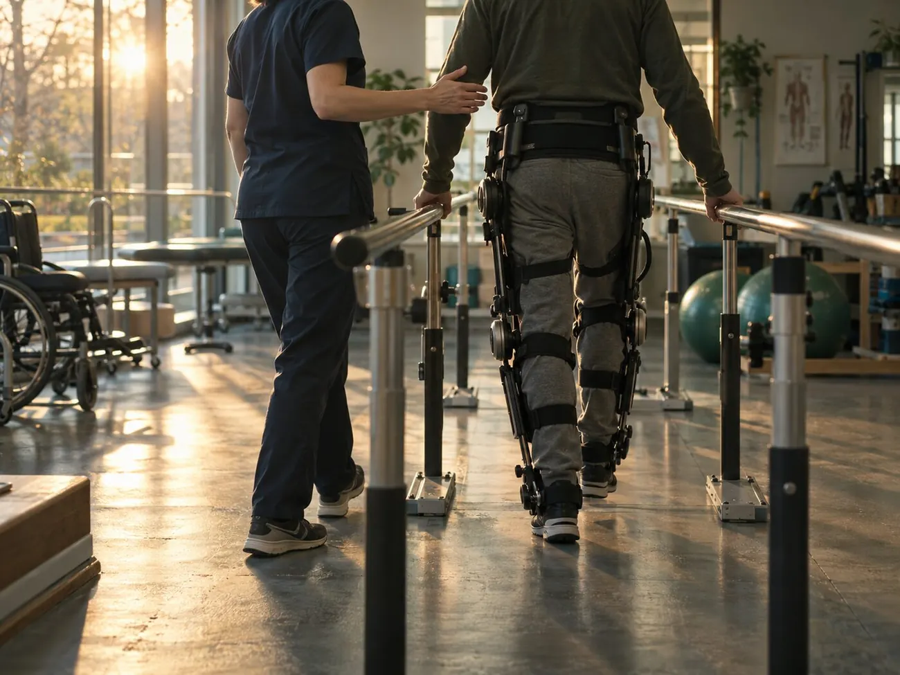 A patient walking in a rehabilitation exoskeleton beside a physiotherapist