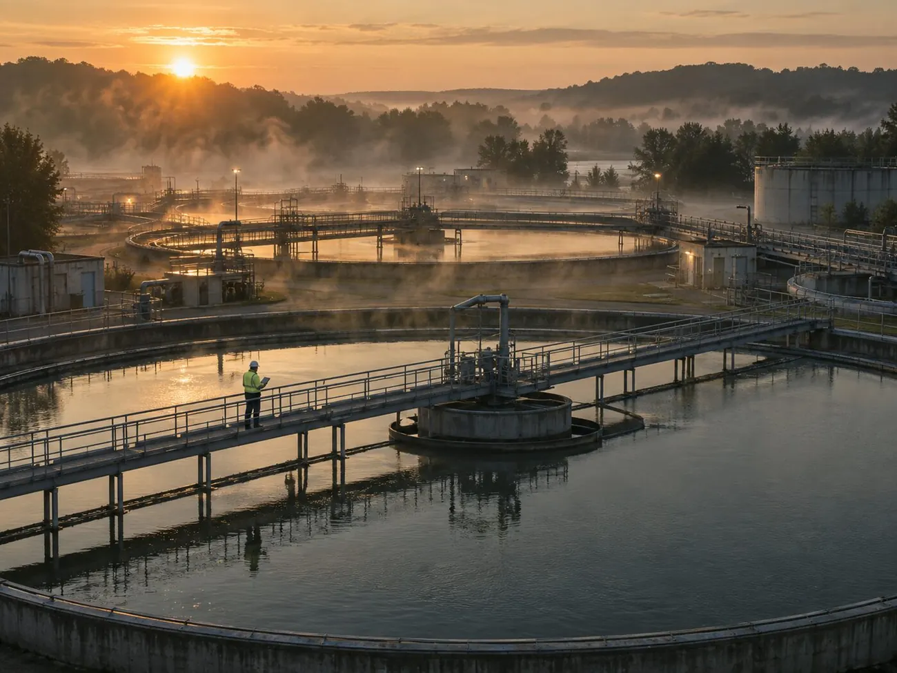 Circular clarifiers at a water treatment plant in dawn mist