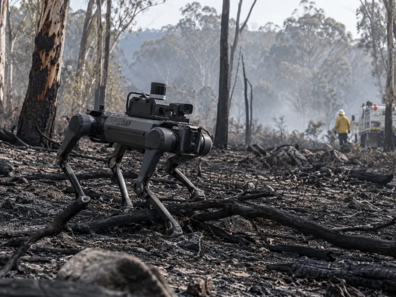 A four-legged inspection robot crossing burnt bushland, fire crew distant