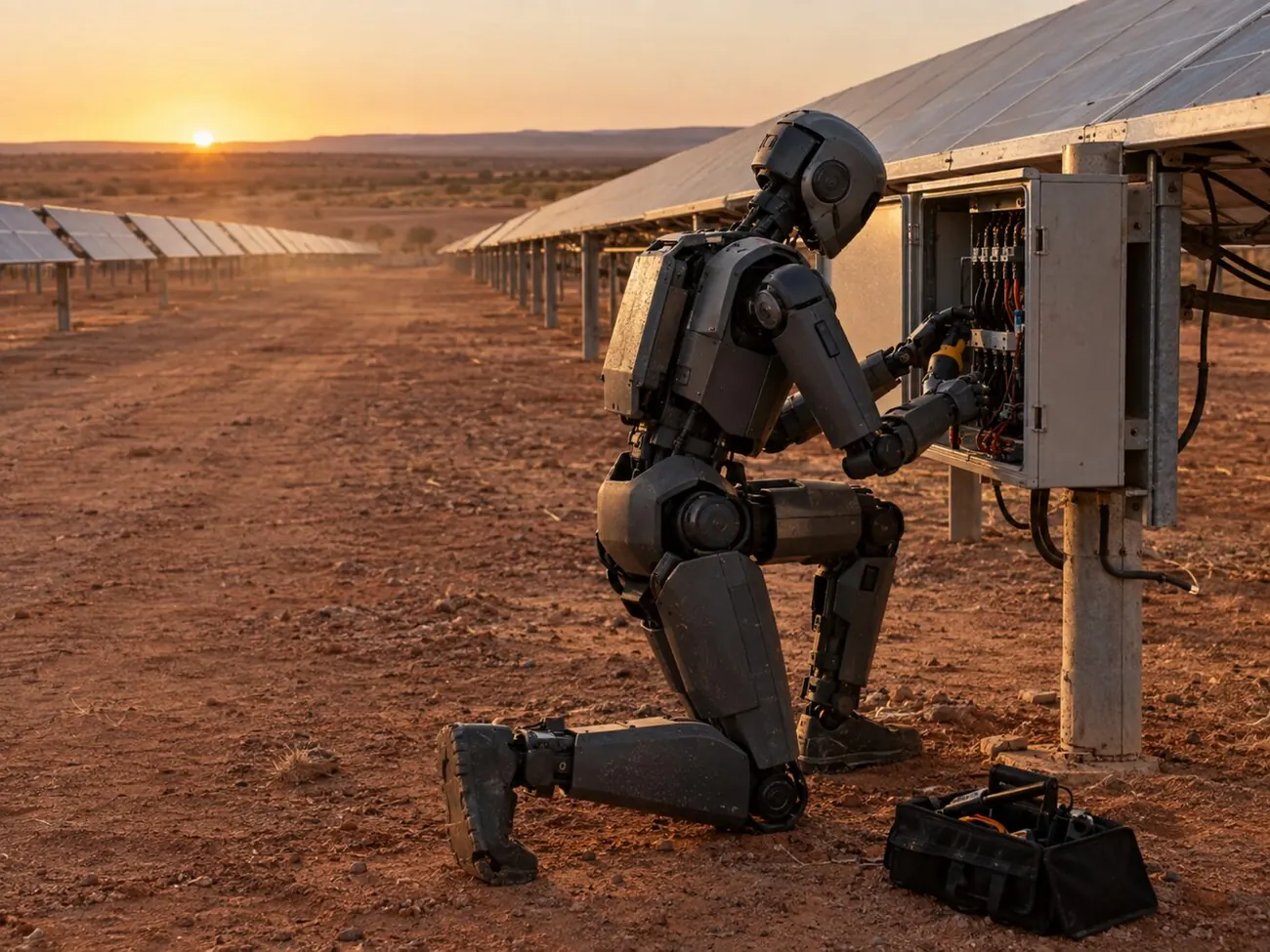 An industrial humanoid working at an open combiner box on an outback solar farm