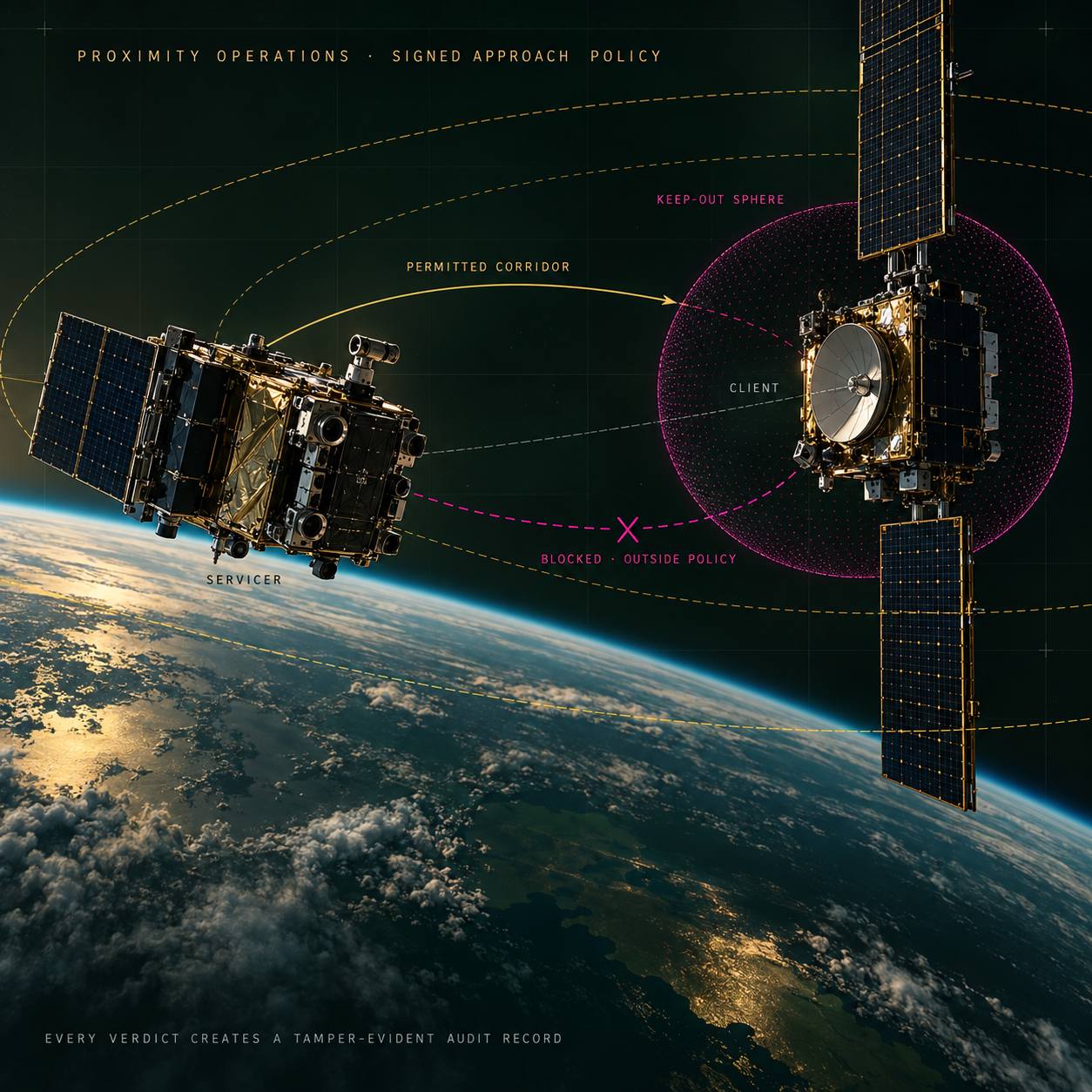 Annotated orbital photograph: servicer approaching a client satellite along the permitted corridor, keep-out sphere marked, an out-of-policy approach blocked