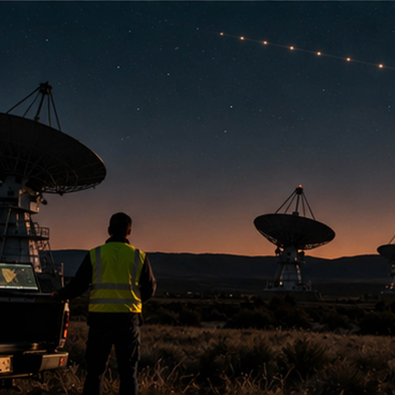An engineer watches a train of newly deployed satellites cross the dusk sky above a ground station